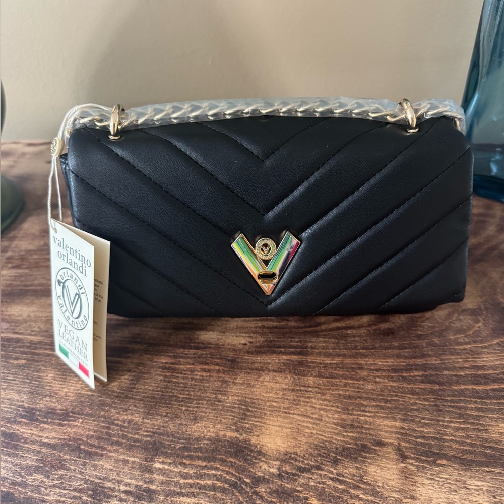 Valentino Orlandi Black Quilted Crossbody Bag with Gold Details